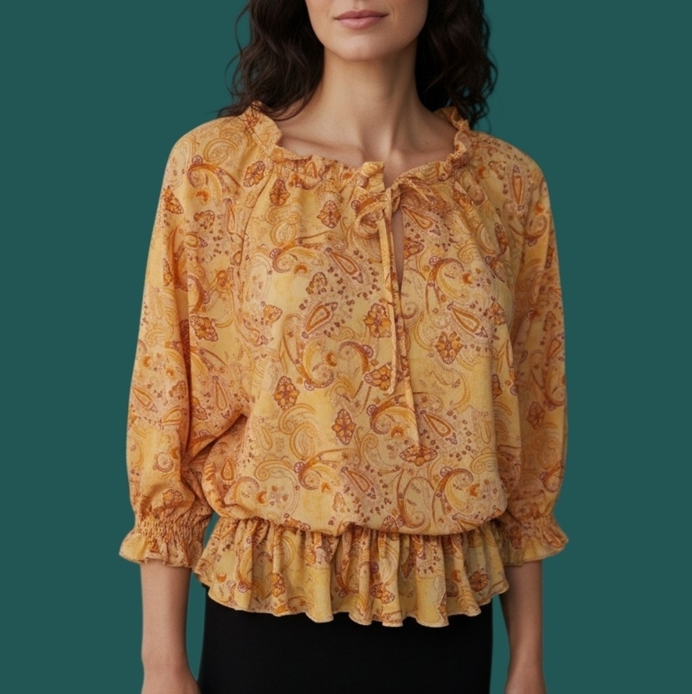 MELLODAY Orange Paisley Ruffle Keyhole Peplum Blouson Peasant Oversized Blouse